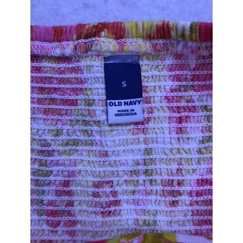 Old Navy Floral Mini Dress Womens Small Pink Yellow Linen Tie Shoulder Smocked - Picture 2 of 9